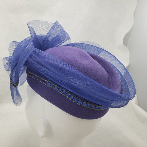 Vintage 80s Church Hat Oversize Bow Wool Felt Formal Tulle Blue Gold Sequins USA - Picture 7 of 14